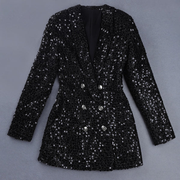 High-Quality Designer Blazer Women Double Lion Buttons Shawl Collar Glitter Sequined Long Runway Black Blazers