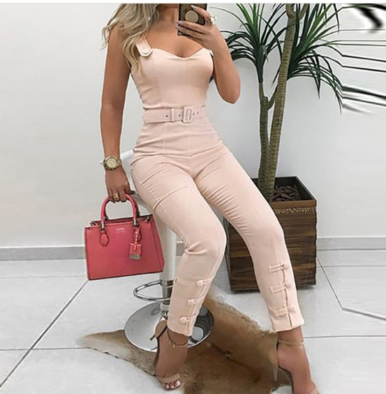 Summer Elegant Office Overalls Skinny Slim Fit V-Neck Sleeveless Casual Romper Thin Strap Button Design Jumpsuits