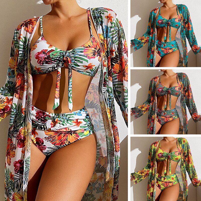 Three Pieces Bikini Set Cover Up Swimwear High Set Women