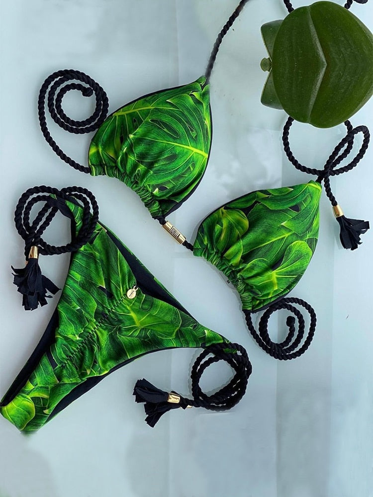 Brazilian Bikini Tropical Plant Print Swimwear String Mini Swimsuit Women Thong