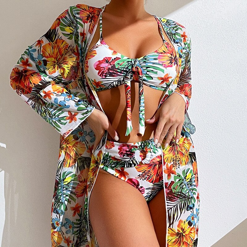 Three Pieces Bikini Set Cover Up Swimwear High Set Women