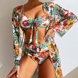 Three Pieces Bikini Set Cover Up Swimwear High Set Women