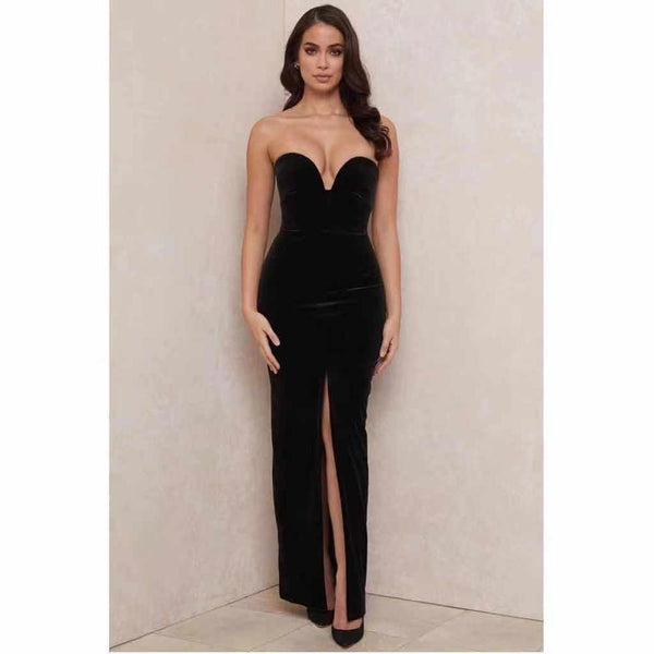 High-Quality Fashion Black Elegant V Neck Bandage Dress Front Slit Strapless