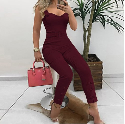 Summer Elegant Office Overalls Skinny Slim Fit V-Neck Sleeveless Casual Romper Thin Strap Button Design Jumpsuits